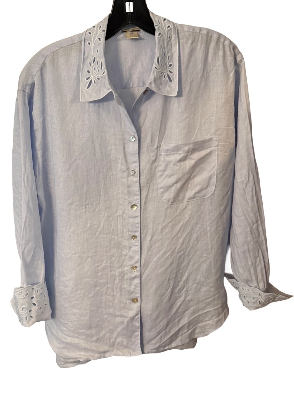 Magaschoni Women’s Blue LINEN Button Up Eyelet Cuffs & Collar Sz S/P EUC